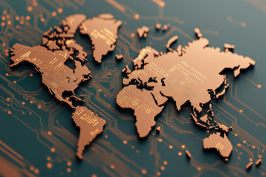 Global Connectivity, A three-dimensional map of the world in copper tones overlaying a circuit board pattern, symbolizing technological integration and global networks.
