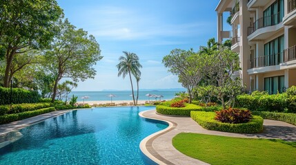 Beachfront serviced condominium in Hua Hin, Thailand, with a pool, lush garden views, and direct access to the sandy beach and sea, all under a clear, sunny sky