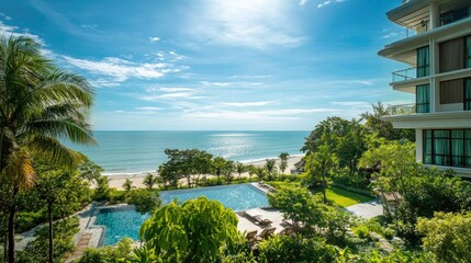 Obraz premium Beachfront serviced condominium in Hua Hin, Thailand, with a pool, lush garden views, and direct access to the sandy beach and sea, all under a clear, sunny sky