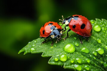 Fototapeta premium Ladybugs, natural pest control, gardenersâ€™ friends help maintain the balance in a healthy garden