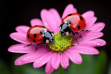 Fototapeta premium Ladybugs, nestled in petals, peaceful resting places find comfort in the softness of flowers