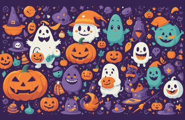 cute halloween festival illustration pattern background cartoon with ghost and pumpkin