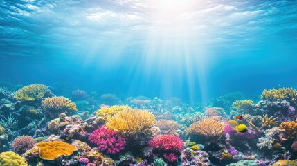 Naklejka premium Beautiful coral reef in Thailand's tropical waters, featuring multicolored corals and a variety of marine species against a backdrop of turquoise sea