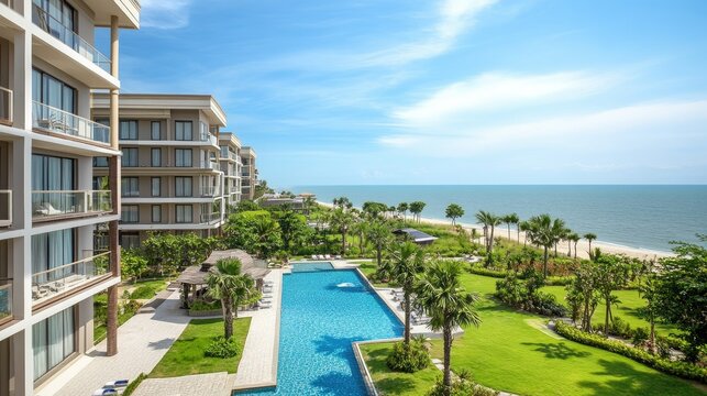 Beautiful serviced condominium exterior in Hua Hin with views of the swimming pool, green gardens, and the sea, offering a perfect beachside retreat under clear skies