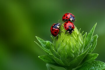 Obraz premium Ladybugs, perched on a flower bud, waiting patiently add a touch of anticipation to the blooming process