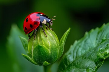 Obraz premium Ladybugs, perched on a flower bud, waiting patiently add a touch of anticipation to the blooming process