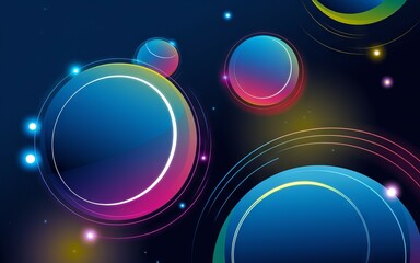 Obraz premium Abstract cosmic orbits. Colorful spheres in a galactic setting with glowing rings symbolizing celestial movement.