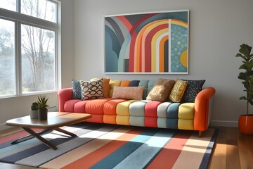 Vintage design colorful sofa, retro design living room interior, vibrant colors and geometric...