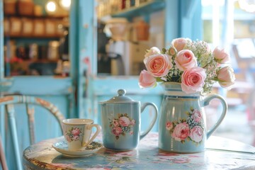 A charming Provence style caf&eacute; setting with pastel-colored floral cup and teapots and roses on a wooden table in the morning light