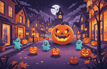 Fototapeta premium cute halloween festival illustration pattern background cartoon with ghost and pumpkin