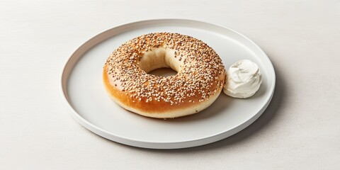 A realistic 3D illustration of a freshly baked bagel with sesame seeds, placed on a white plate with a dollop of cream cheese on the side