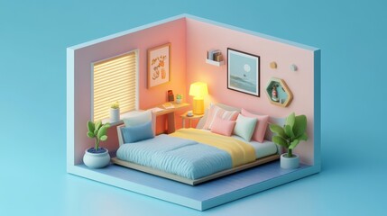 cutaway box with soft smooth lighting and pastel colors well decorated interior