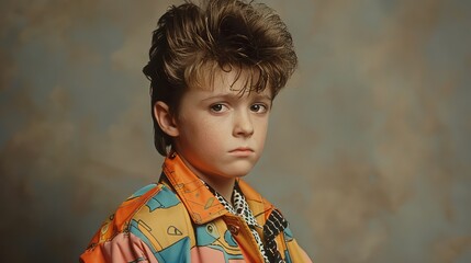 fashion portrait of a young boy with a distinctive mullet haircut wearing a funny and eccentric outfit