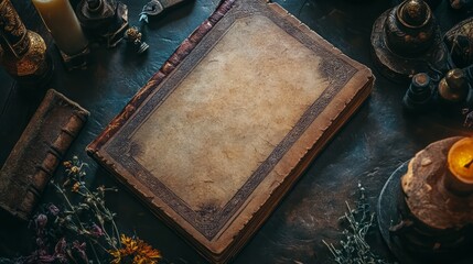 Arcane Enchantment: Flat Lay of a Wizard's Spellbook and Magical Artifacts
