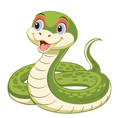 Fototapeta premium Cute funny snake, smiling. Reptile and green animal. Smiling kawaii serpent. Cartoon vector illustration isolated on white background