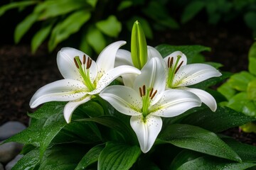 Obraz premium Lilies, in a shaded corner, cool and calm bring life to areas that might otherwise be overlooked