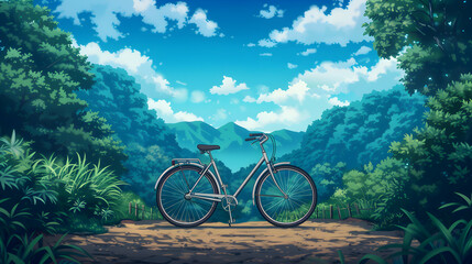 Fototapeta premium Bicycle Landscape Anime Style Pointillism