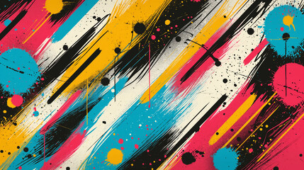 A colorful, abstract painting with splatters of paint and lines