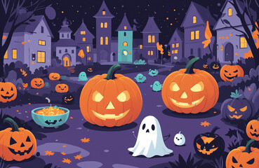 Fototapeta premium cute halloween festival illustration pattern background cartoon with ghost and pumpkin
