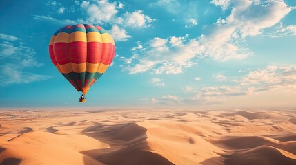 Obraz premium Colorful hot air balloon flying above a desert landscape, with sand dunes stretching out beneath a vast blue sky.