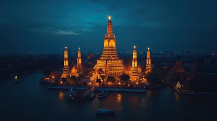 Naklejka premium Dramatic shot of Wat Arun's central spire lit up at night, surrounded by smaller illuminated prangs, with a dark blue evening sky as the backdrop
