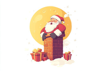 A cute cartoon Santa Claus coming out of a chimney with a big full moon behind him. The scene is playful and festive, perfect for a light-hearted holiday illustration.