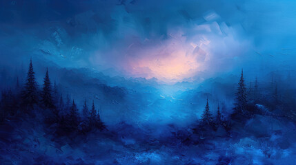A breathtaking landscape painting with a deep blue sky, shrouded mountains, and a distant glow of light.