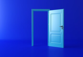 Open the door. Blue door, open entrance in blue background room. Architectural design element. Modern minimal concept. Opportunity metaphor.