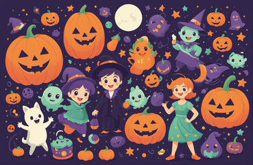 cute halloween festival illustration pattern background cartoon with ghost and pumpkin
