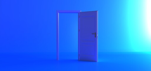 Open the door. Blue door, open entrance in blue background room. Architectural design element. Modern minimal concept. Opportunity metaphor.