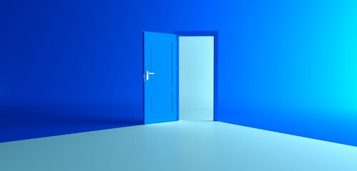 Open the door. Symbol of new career, opportunities, business ventures and initiative. Business concept. White light inside open door isolated on blue background. Modern minimal concept.