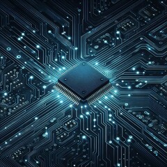 Thin circuit trace lines in blue on a dark technology background. Abstract digital tech bg. Electronics and computer technology concept. Chip and circuit board. Vector illustration. Chip connectors
