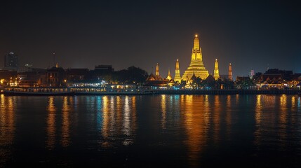 Fototapeta premium Evening panorama of Wat Arun and its illuminated reflection in the river, framed by the softly glowing lights of nearby buildings and boats passing by