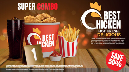 Fried chicken poster. Fast food background, Basket of crispy wings. Nugget products. Sale advertising. 3D delicious meal combo. Fries potato and cola glass. Vector ad banner design template