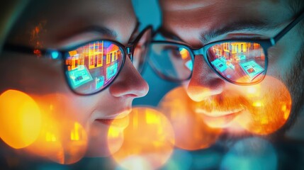 Close-up of a couple sharing an intimate moment, reflections in glasses showing colorful digital data and technology abstract.