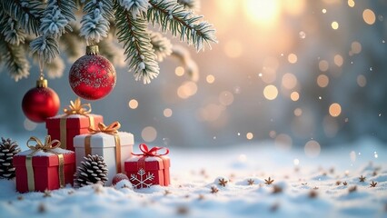 Christmas decorations and gifts under a snowy tree