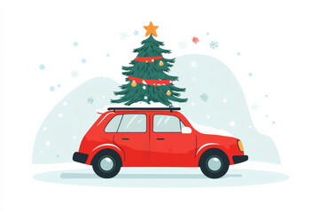 A red vintage car carrying a fully decorated Christmas tree on its roof, set against a light background. A playful and festive illustration perfect for holiday themes.