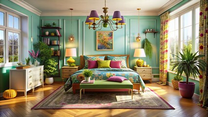 In this playful sanctuary, a jumble of furniture styles and colors converges, with bold hues and quirky trinkets
