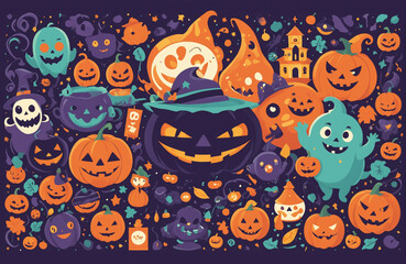 cute halloween festival illustration pattern background cartoon with ghost and pumpkin