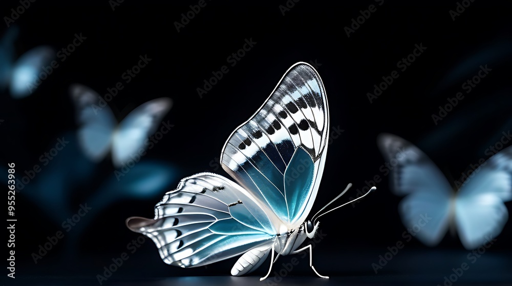 Wall mural silver butterfly set fantasy mood contrasted black background representing concept freedom abstract