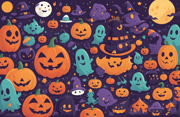 Fototapeta premium cute halloween festival illustration pattern background cartoon with ghost and pumpkin