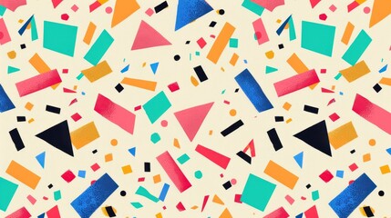 Variety of colorful geometric shapes, including triangles, rectangles, and squares, in a pattern that resembles confetti