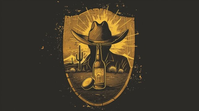 Stylized illustration of a cowboy silhouette with a wide-brimmed hat, a bottle of tequila, and a coin on the ground, set against a desert backdrop with cacti