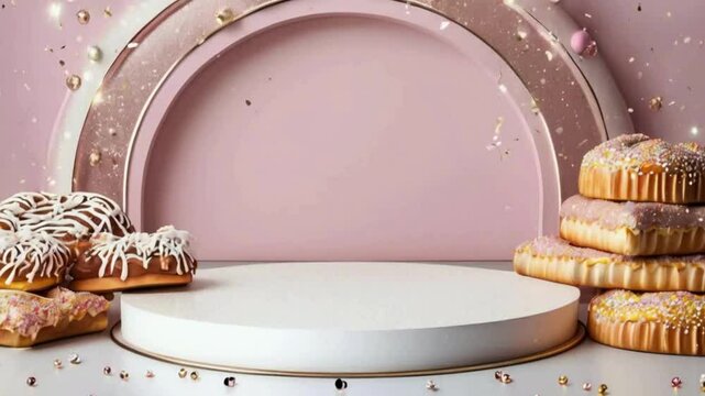 Empty Podium with Bakery Items for Product Showcase,3D Podium Display with Fresh Bakery Goods, Podium with Bread and Pastries for Product Display, Creative Podium Design with Fresh Bakery Goods for Pr