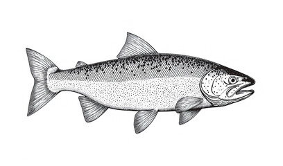 Obraz premium Fish sketch salmon trout. Vintage retro print, black white salmon trout fish sketch ink pencil style drawing, linear drawing, engrave old school. Sketch artwork salmon trout fish. Illustration