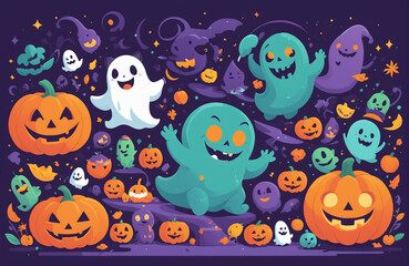 cute halloween festival illustration pattern background cartoon with ghost and pumpkin