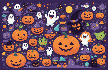 cute halloween festival illustration pattern background cartoon with ghost and pumpkin