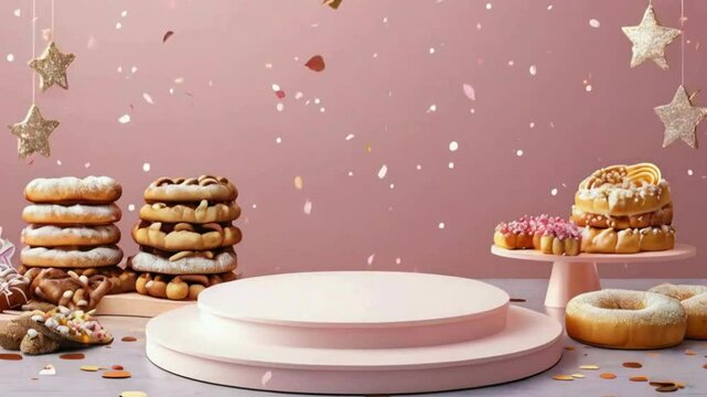 Empty Podium with Bakery Items for Product Showcase,3D Podium Display with Fresh Bakery Goods, Podium with Bread and Pastries for Product Display, Creative Podium Design with Fresh Bakery Goods for Pr