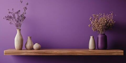 Wooden shelf with empty space in purple loft style interior decorated with vases and dry flowers, mockup 