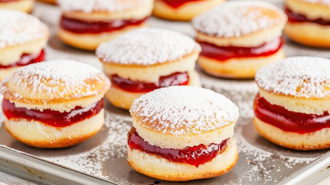 close up of tray of mini pastries with jelly powdered sugar tasty fresh food photography
